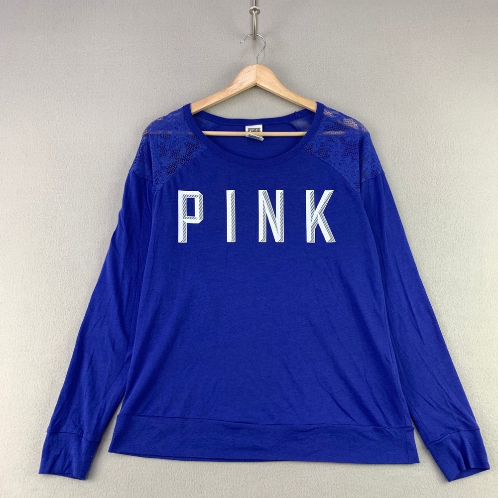PINK Victoria's Secret Top Women Small Blue Long Sleeve Lace Logo Pullover